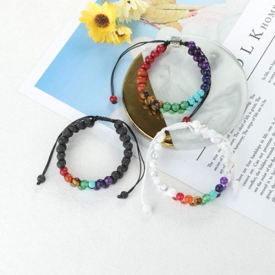 3 Pcs 7 Chakra Bracelet Womens Reiki Stone Rope Braided Bracelet Gemstone Beads Bracelet Crystal Stone Lava Stone Bracelet Diffuser Bracelets For Yoga Meditation